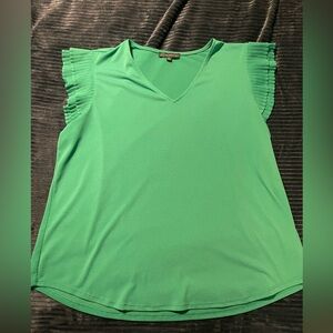 Green V-Neck Top with Ruffled Sleeves